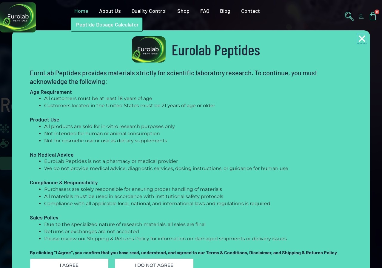 Homepage screenshot of the EuroLab Peptides research-peptide website (EU (Belgium, Stekene)).