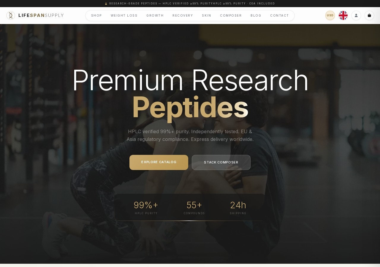 Homepage screenshot of the LifeSpanSupply research-peptide website (EU (compliance registration stated; specific country not disclosed)).