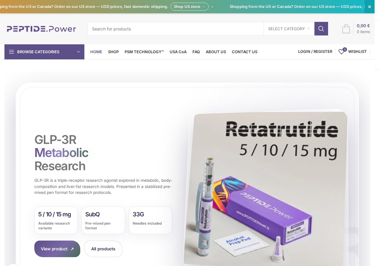 Homepage screenshot of the PEPTIDE.Power research-peptide website (EU (Czech Republic, Prague) + USA (Wyoming)).