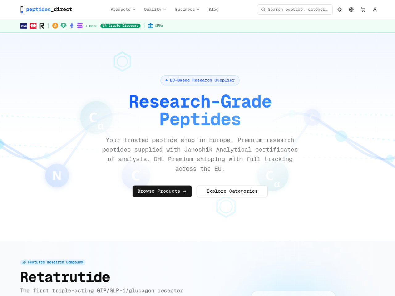 Homepage screenshot of the Peptides Direct research-peptide website (EU (Cyprus, Paphos; ships from Germany)).