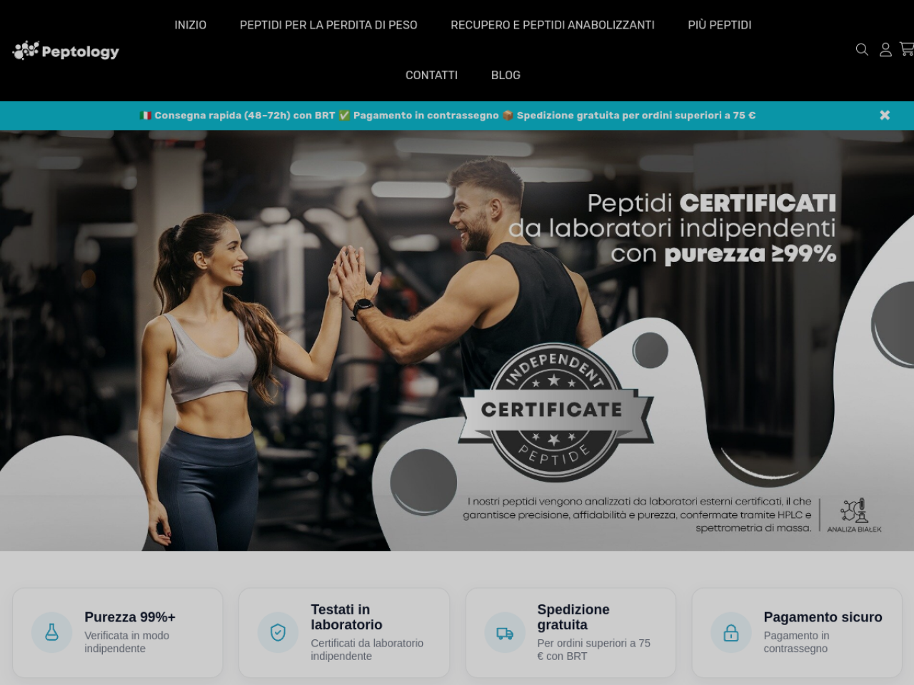 Homepage screenshot of the Peptology research-peptide website (Italian-language storefront (operating entity not disclosed)).