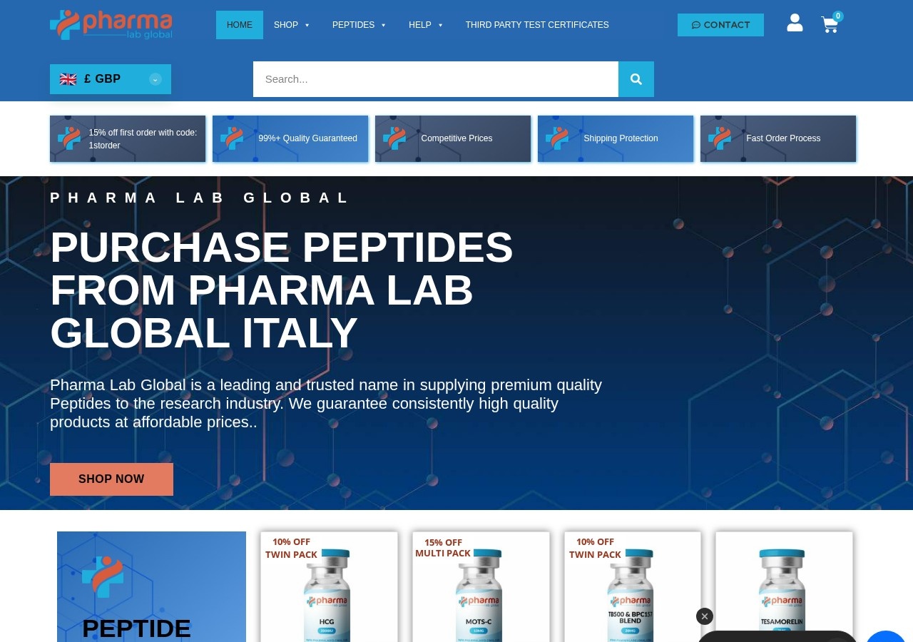 Homepage screenshot of the Pharma Lab Global research-peptide website (UK (dedicated Italy storefront)).