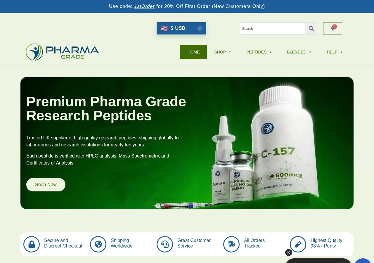 Homepage screenshot of the PharmaGrade Store research-peptide website (UK (dedicated Italy storefront)).