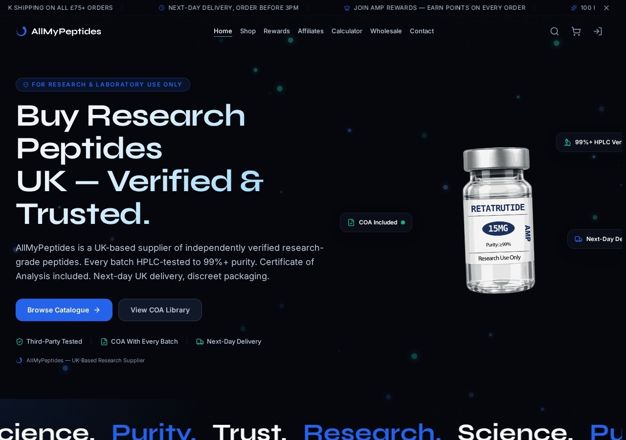 Homepage screenshot of the All My Peptides research-peptide website (UK).