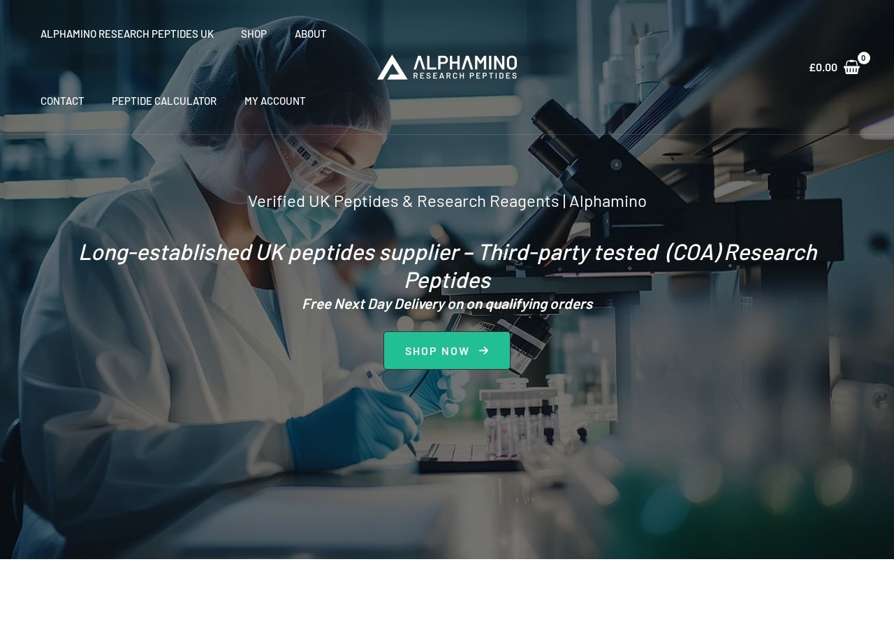 Homepage screenshot of the Alphamino research-peptide website (UK).