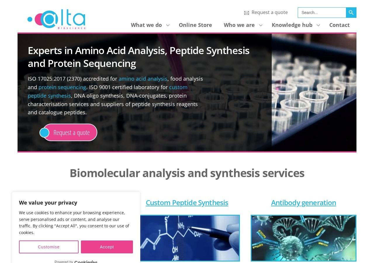 Homepage screenshot of the AltaBioscience research-peptide website (UK Birmingham).