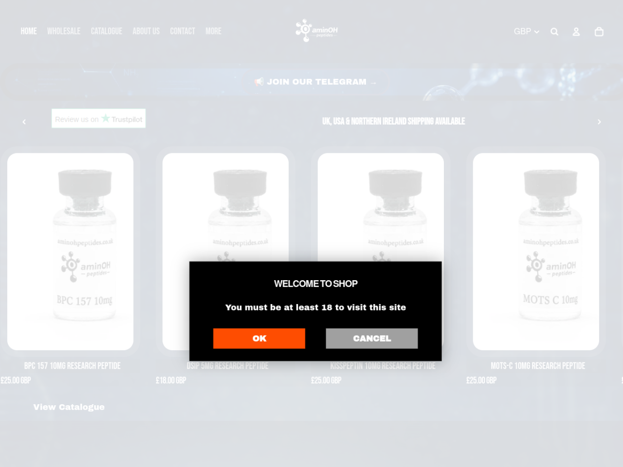Homepage screenshot of the Amino H Peptides research-peptide website (UK).