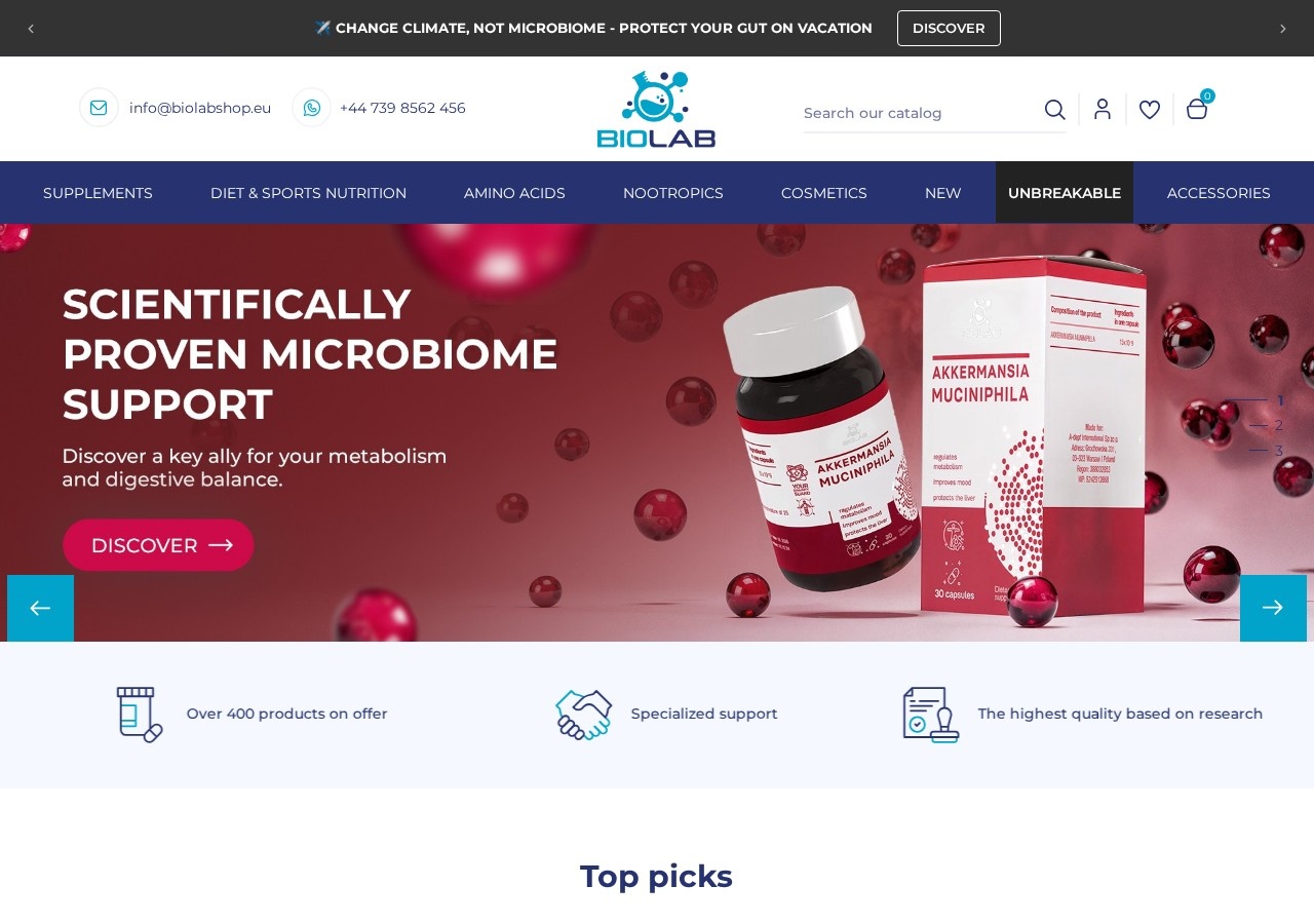 Homepage screenshot of the BioLab Shop research-peptide website (UK).