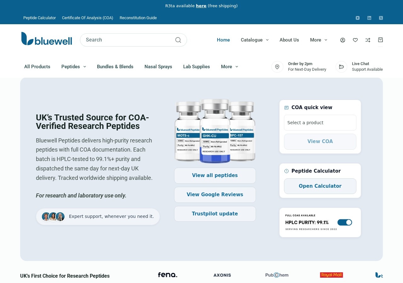 Homepage screenshot of the Bluewell Peptides research-peptide website (UK Manchester).