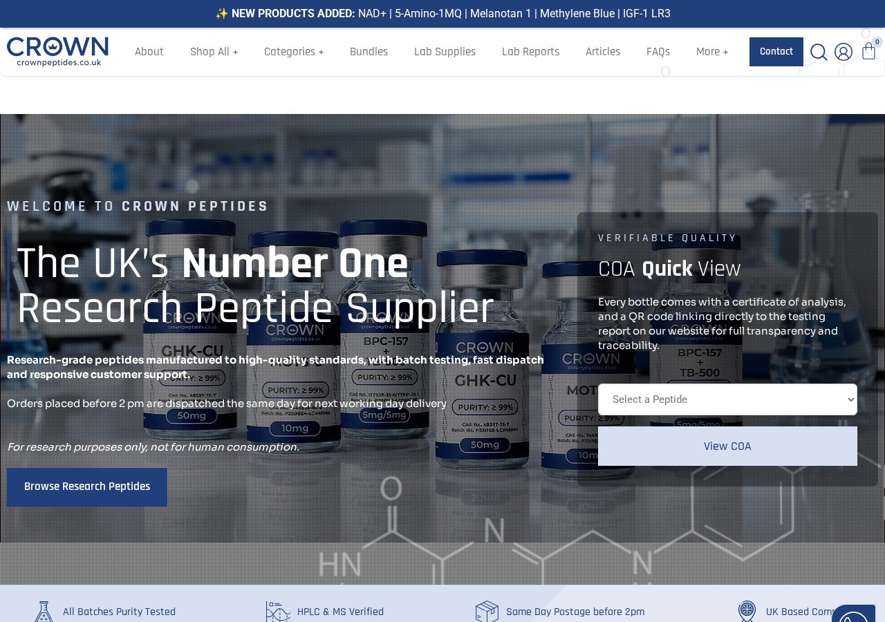 Homepage screenshot of the Crown Peptides research-peptide website (UK).