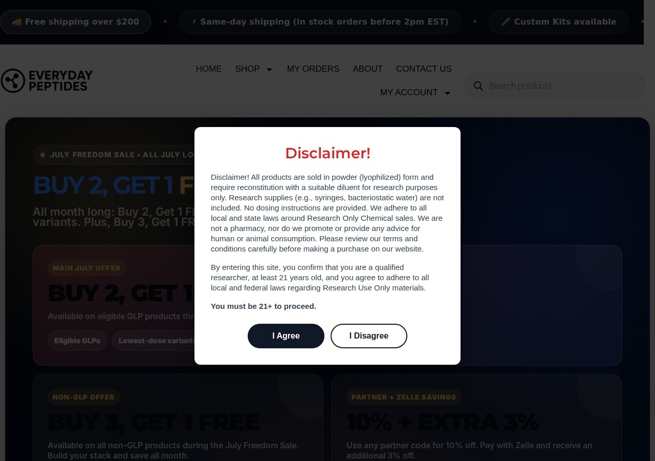 Homepage screenshot of the Everyday Peptides research-peptide website (UK).