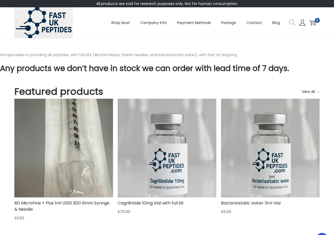 Homepage screenshot of the Fast UK Peptides research-peptide website (UK).