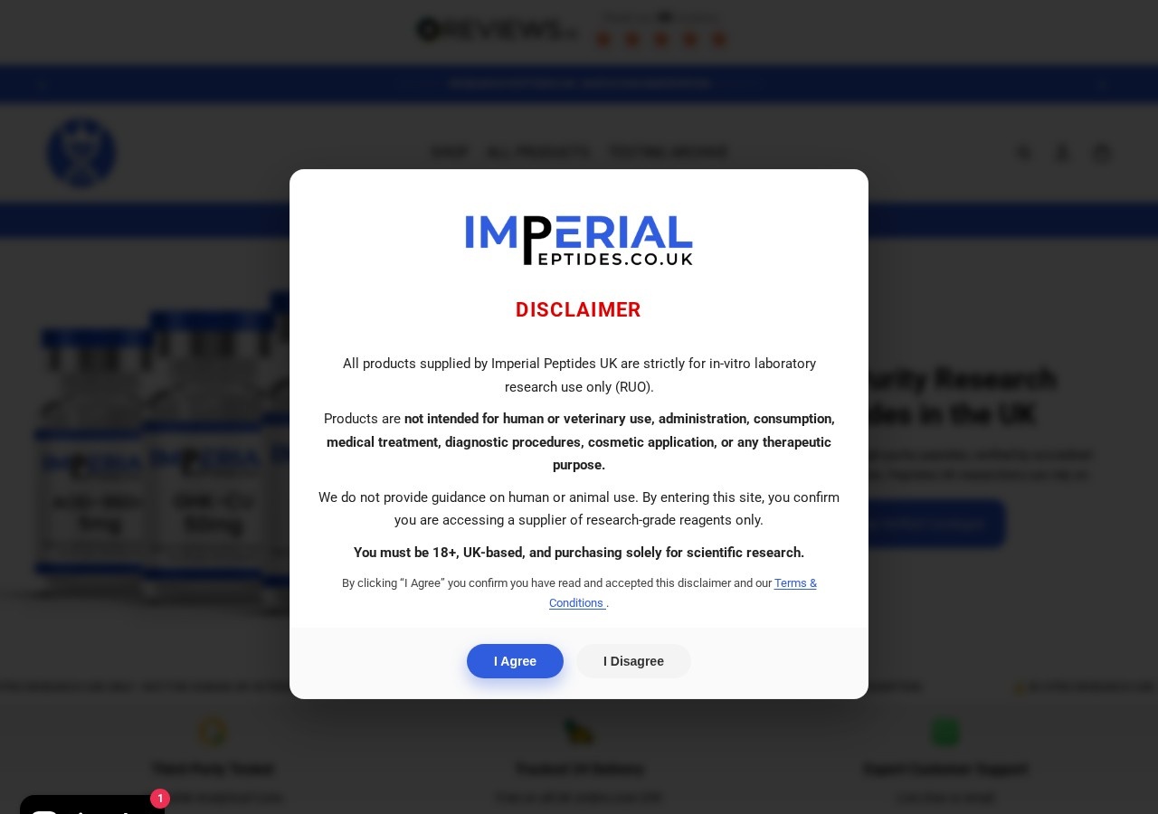 Homepage screenshot of the Imperial Peptides UK research-peptide website (UK).