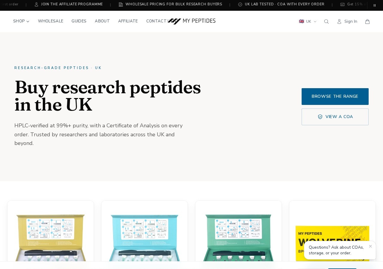 Homepage screenshot of the My Peptides research-peptide website (UK).