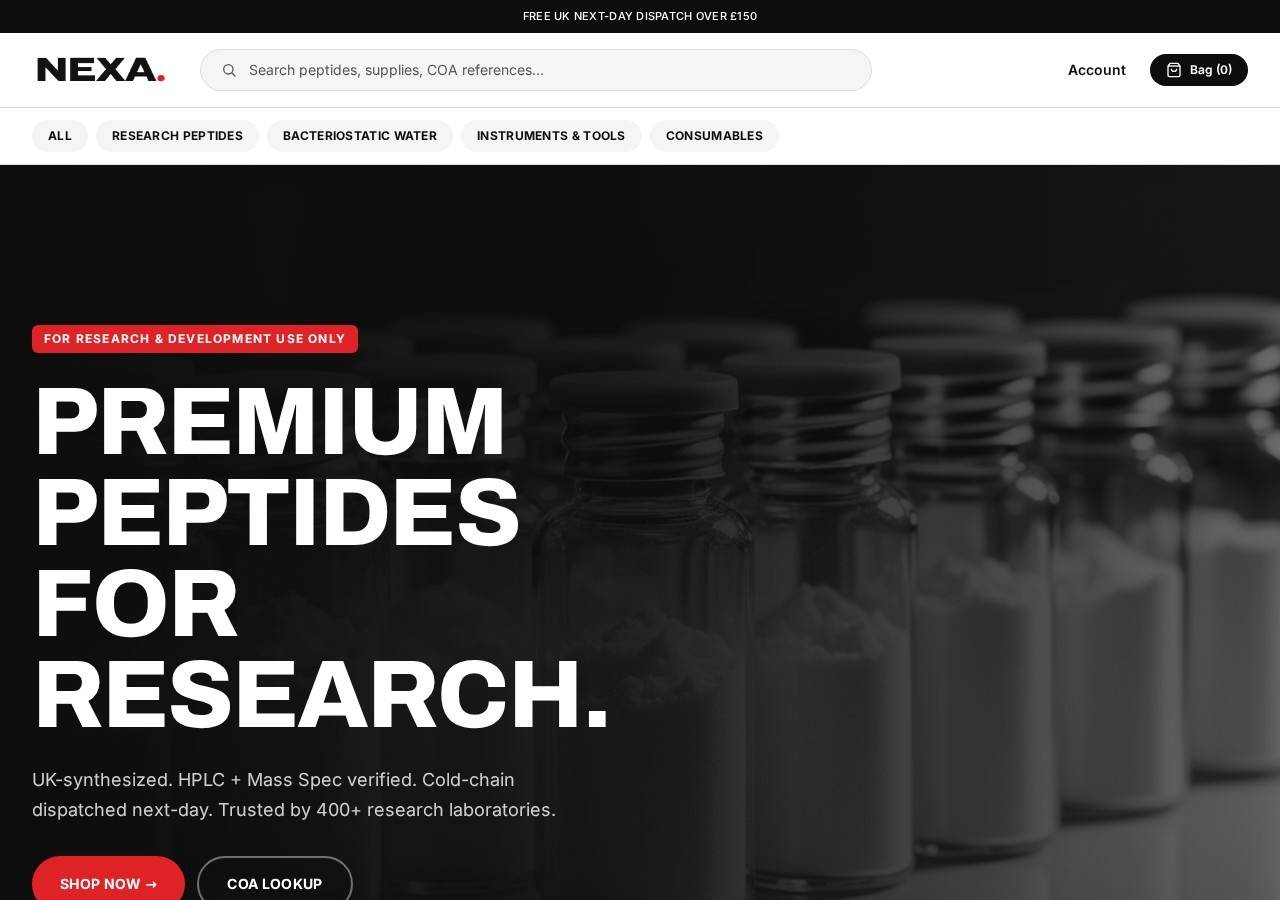 Homepage screenshot of the Nexa Peptides research-peptide website (UK).