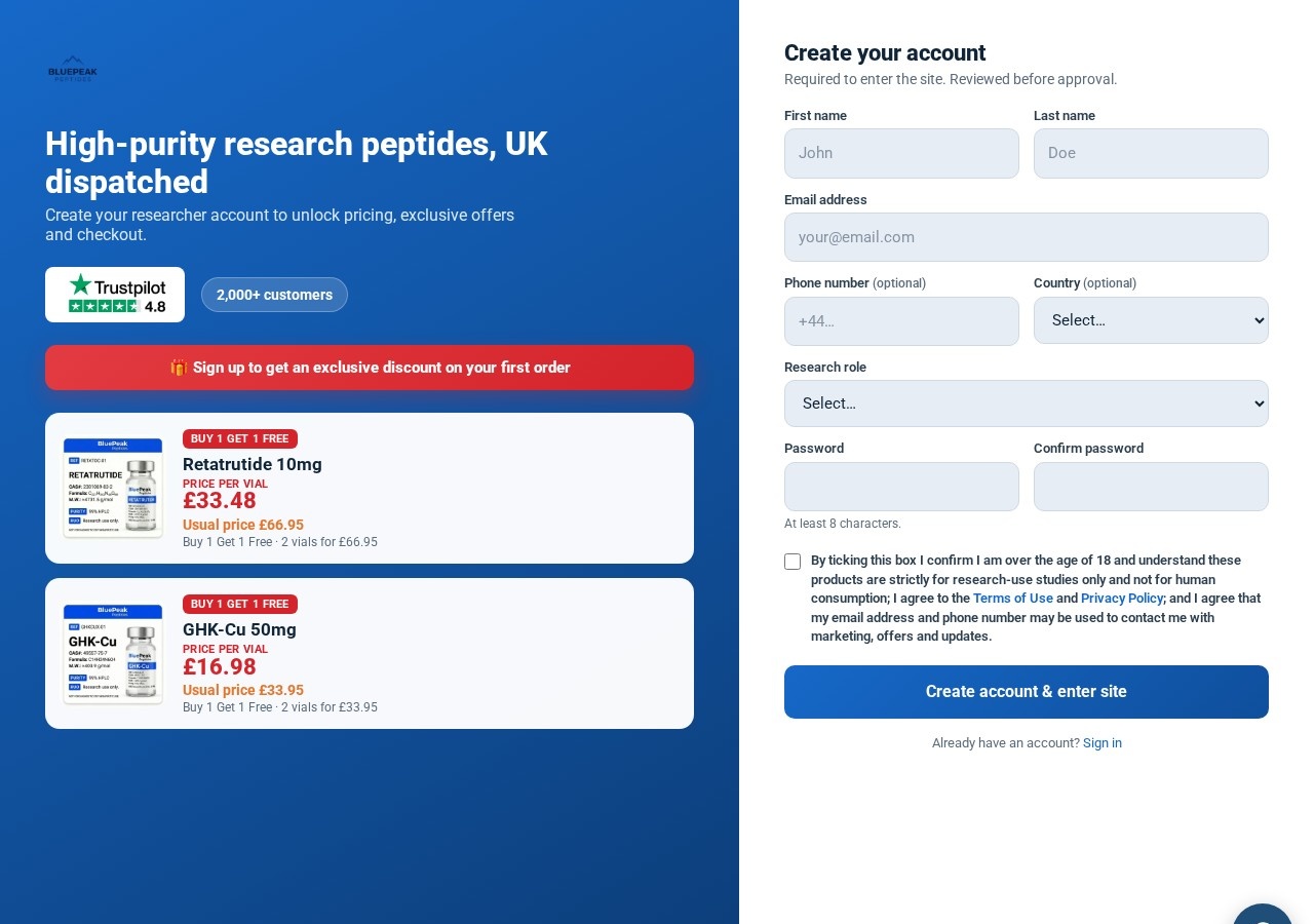 Homepage screenshot of the Peptides Research UK research-peptide website (UK).