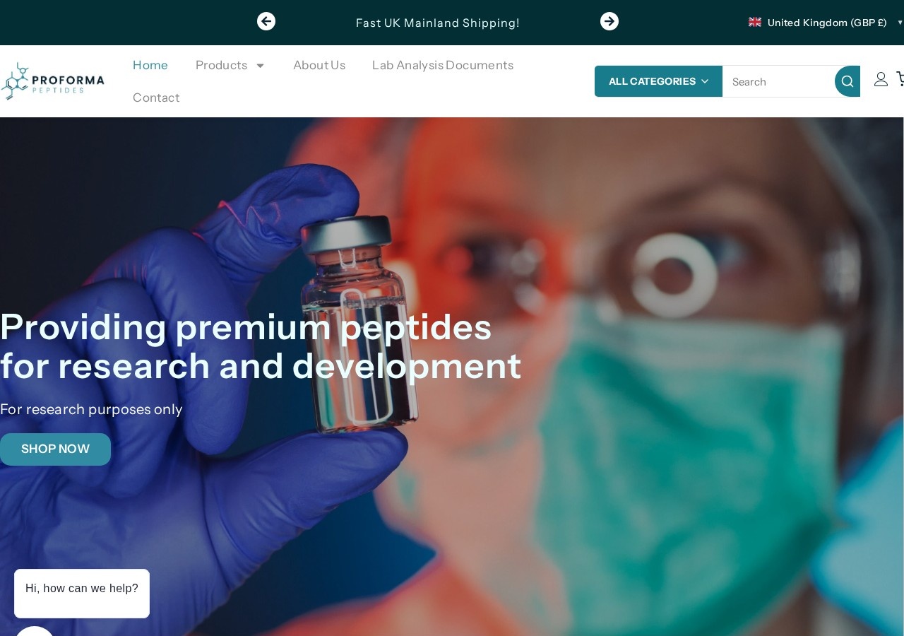 Homepage screenshot of the ProForma Peptides research-peptide website (UK).