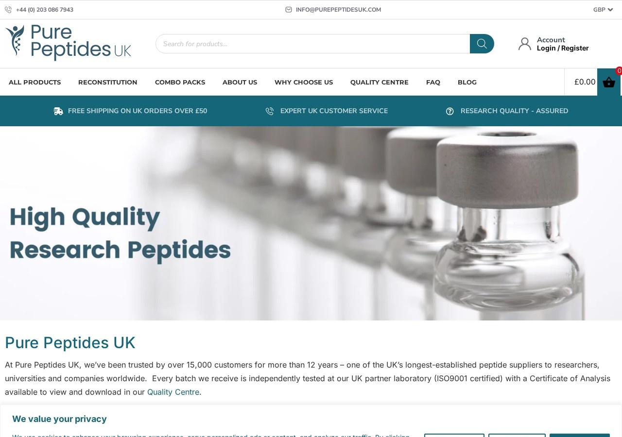 Homepage screenshot of the Pure Peptides UK research-peptide website (UK).