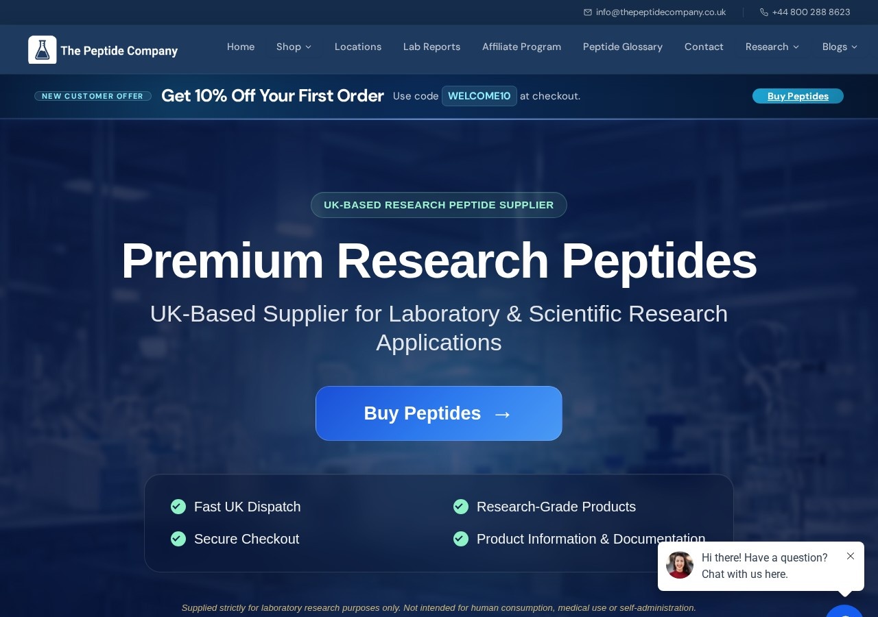 Homepage screenshot of the The Peptide Company research-peptide website (UK).
