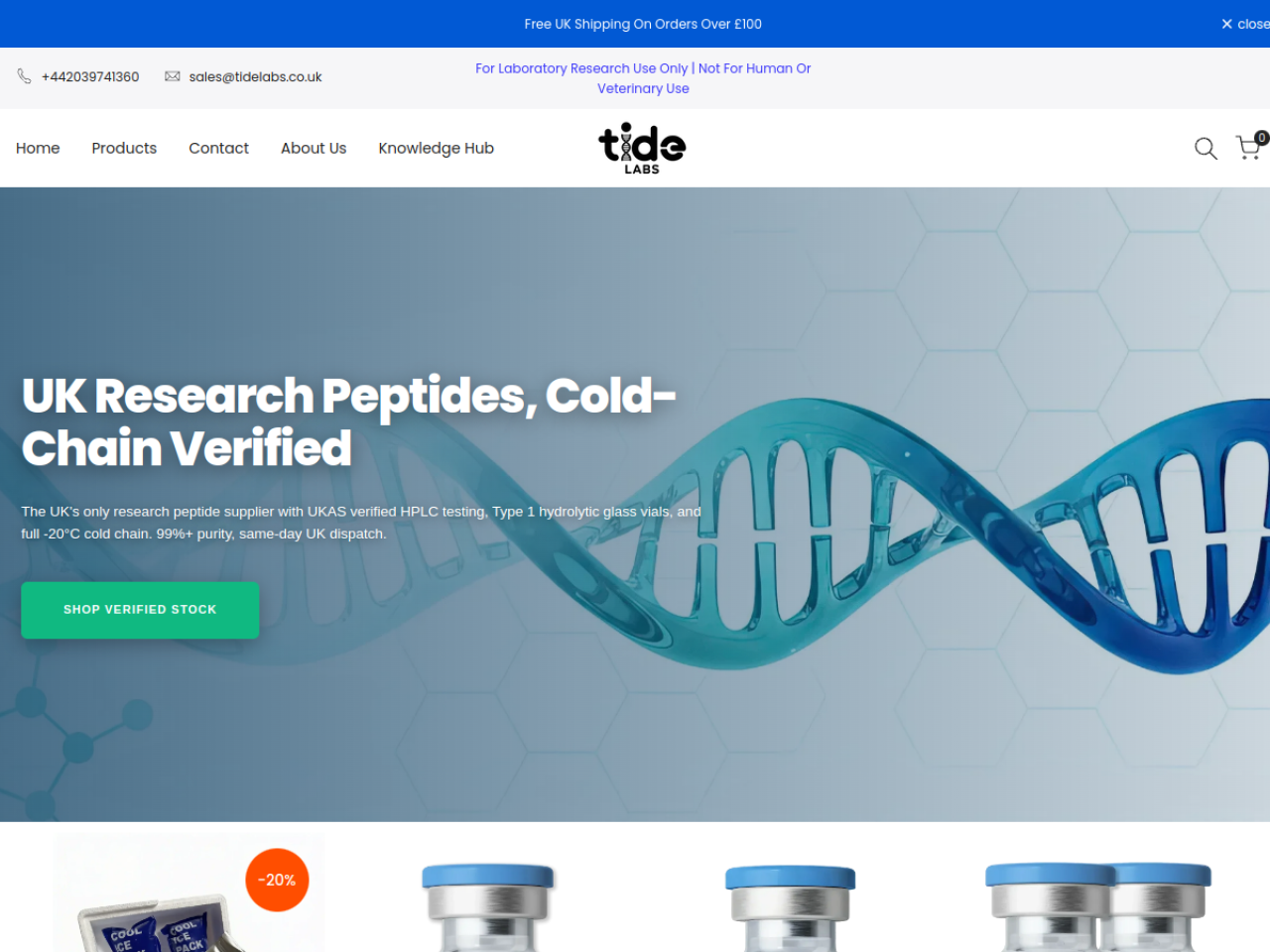 Homepage screenshot of the Tide Labs research-peptide website (UK).