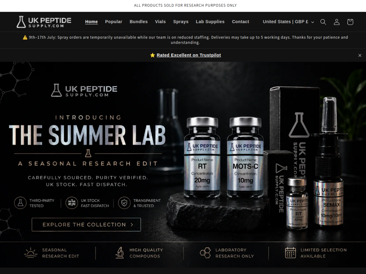 Homepage screenshot of the UK Peptide Supply research-peptide website (UK).