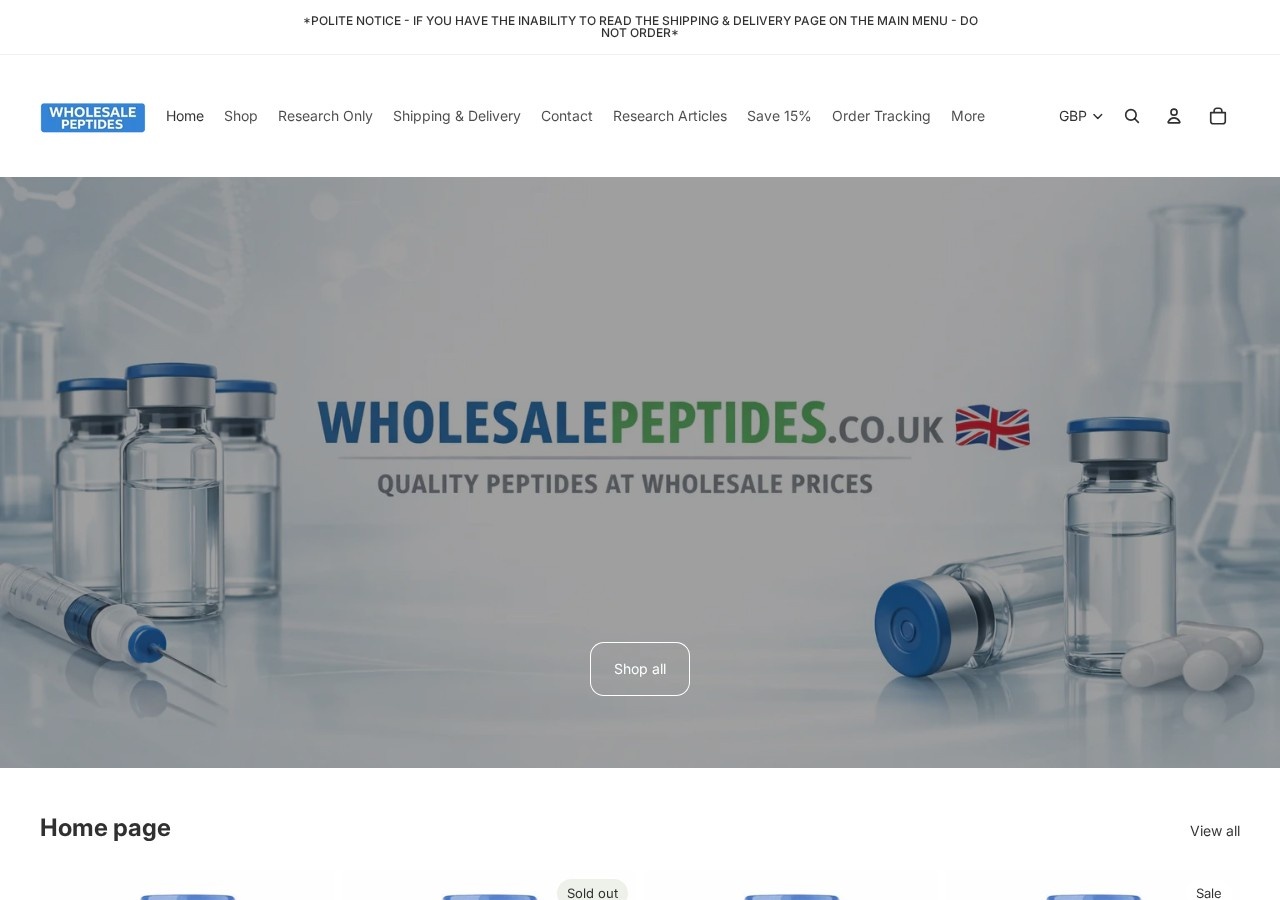 Homepage screenshot of the Wholesale Peptides research-peptide website (UK).