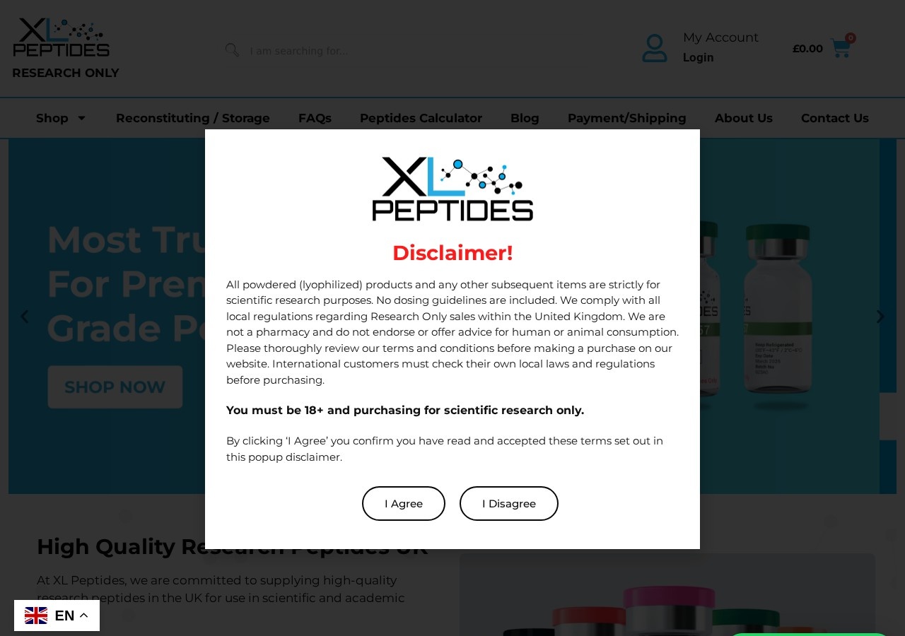 Homepage screenshot of the XL Peptides research-peptide website (UK).
