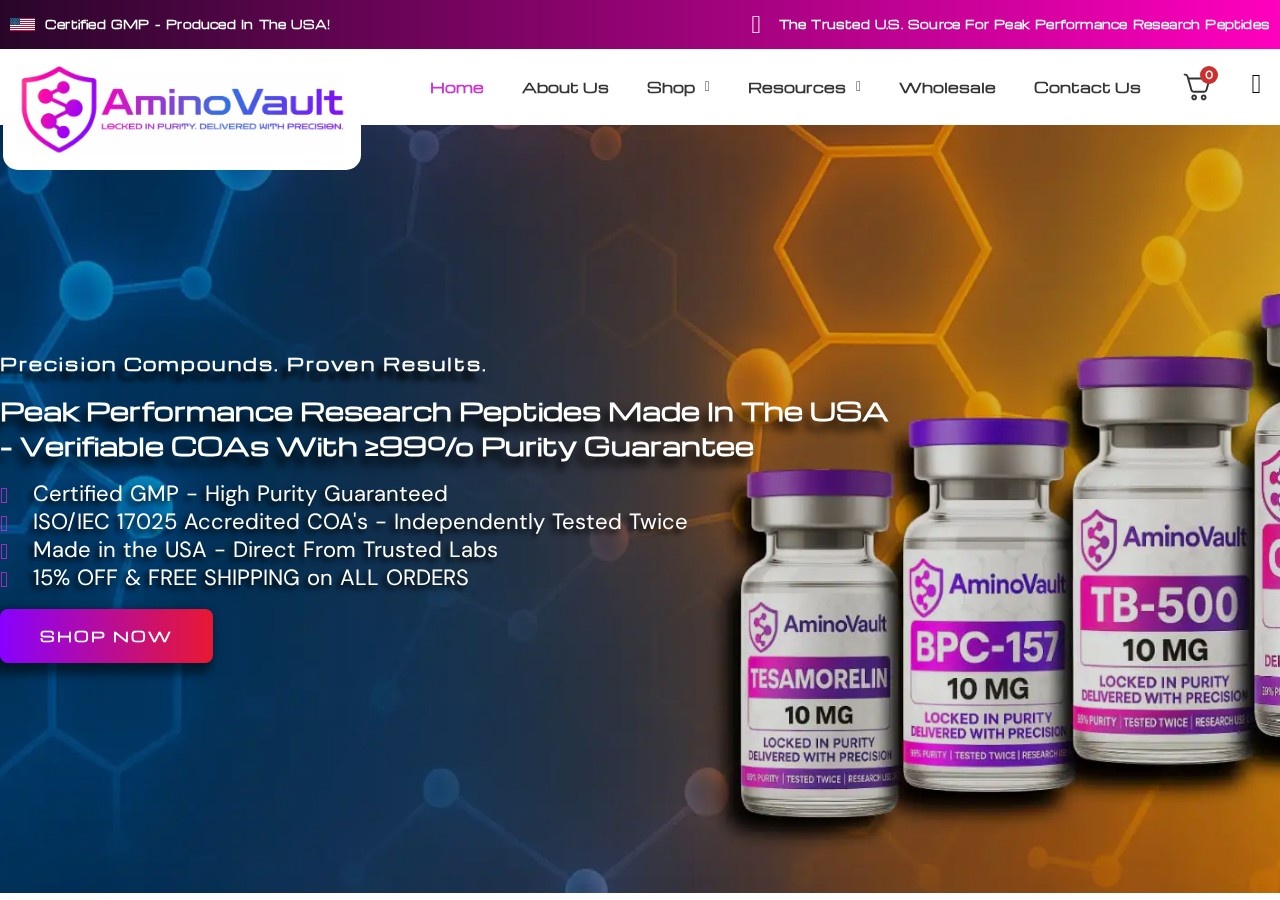 Homepage screenshot of the AminoVault research-peptide website (USA).