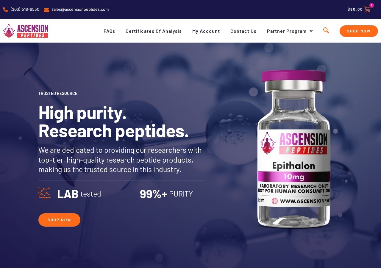 Homepage screenshot of the Ascension Peptides research-peptide website (USA (Colorado)).