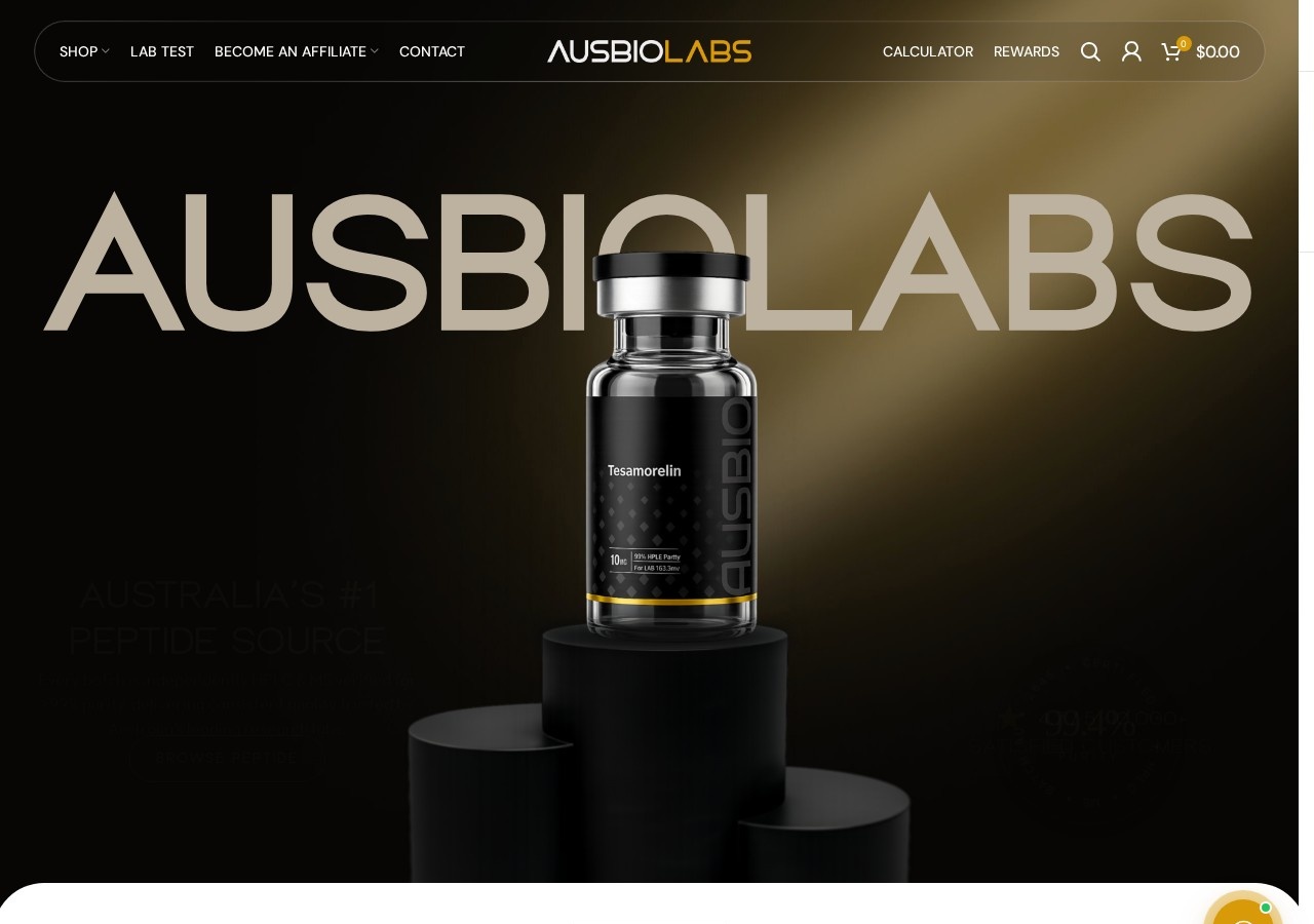 Homepage screenshot of the AusBioLabs research-peptide website (Australia (Melbourne)).