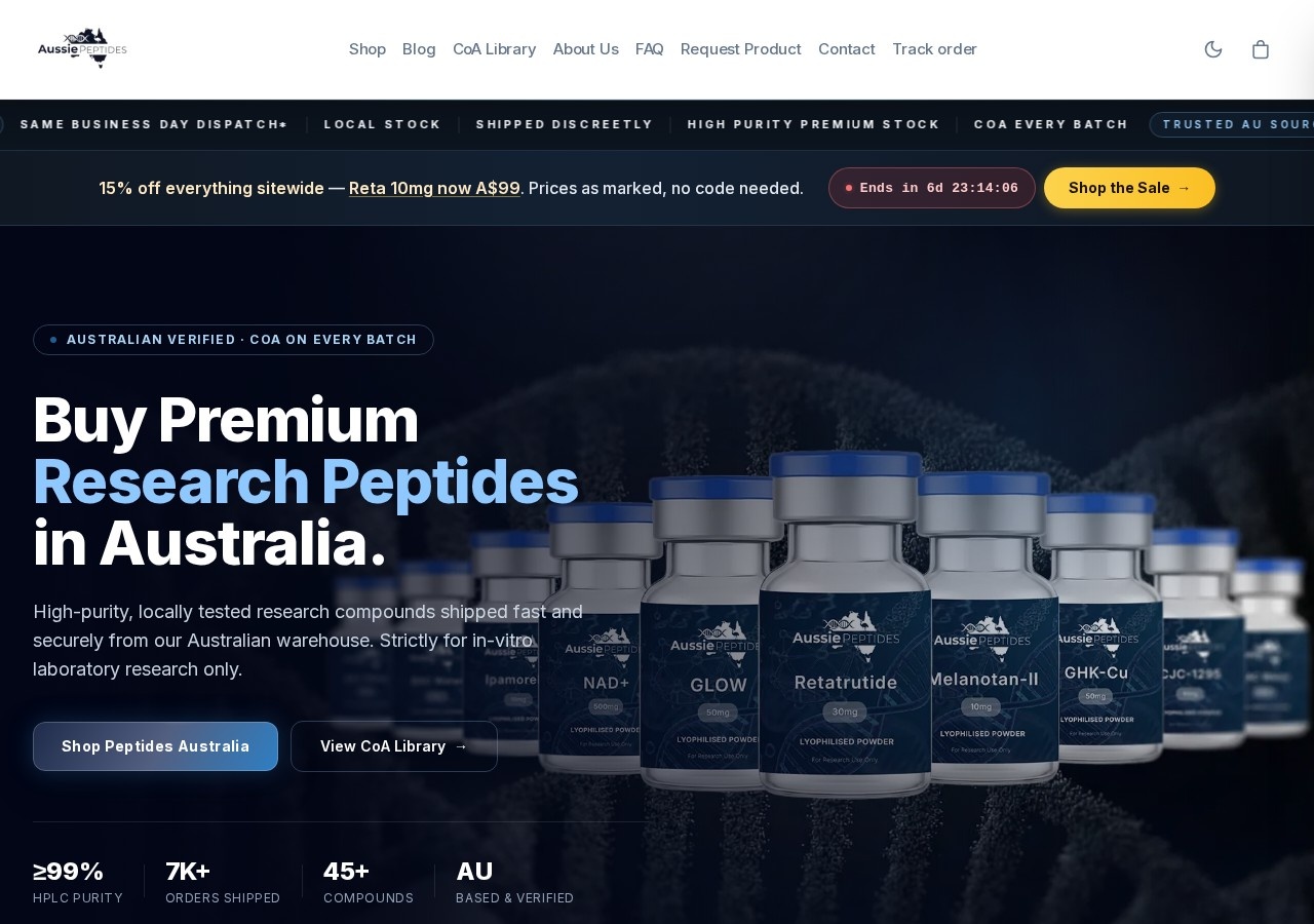 Homepage screenshot of the Aussie Peptides research-peptide website (Australia (Melbourne)).