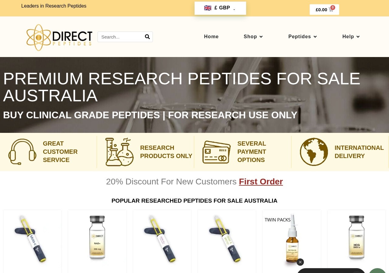 Homepage screenshot of the Direct Peptides Australia research-peptide website (United Kingdom (AU-localised storefront)).