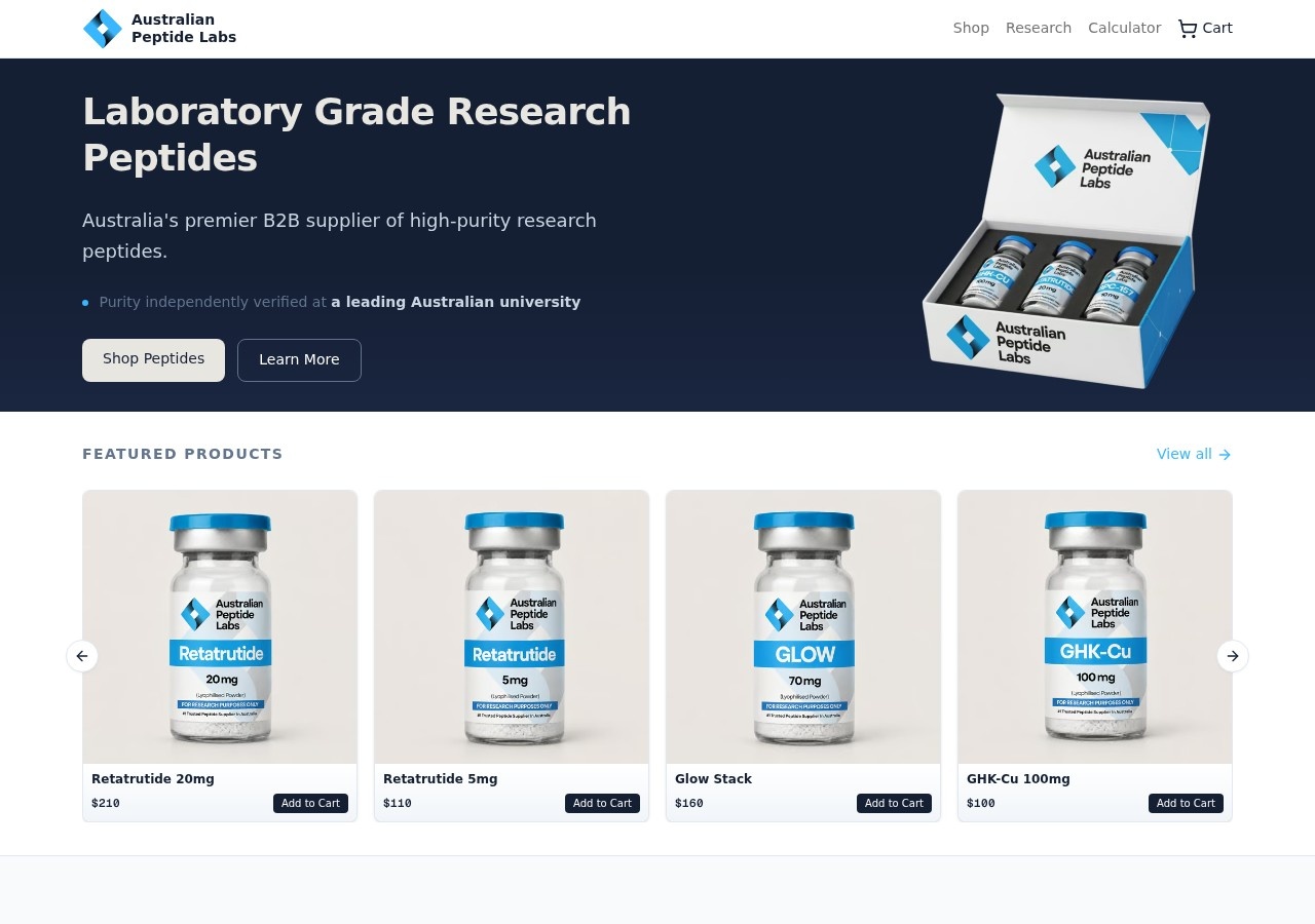 Homepage screenshot of the Australian Peptide Labs research-peptide website (Australia (Sydney)).