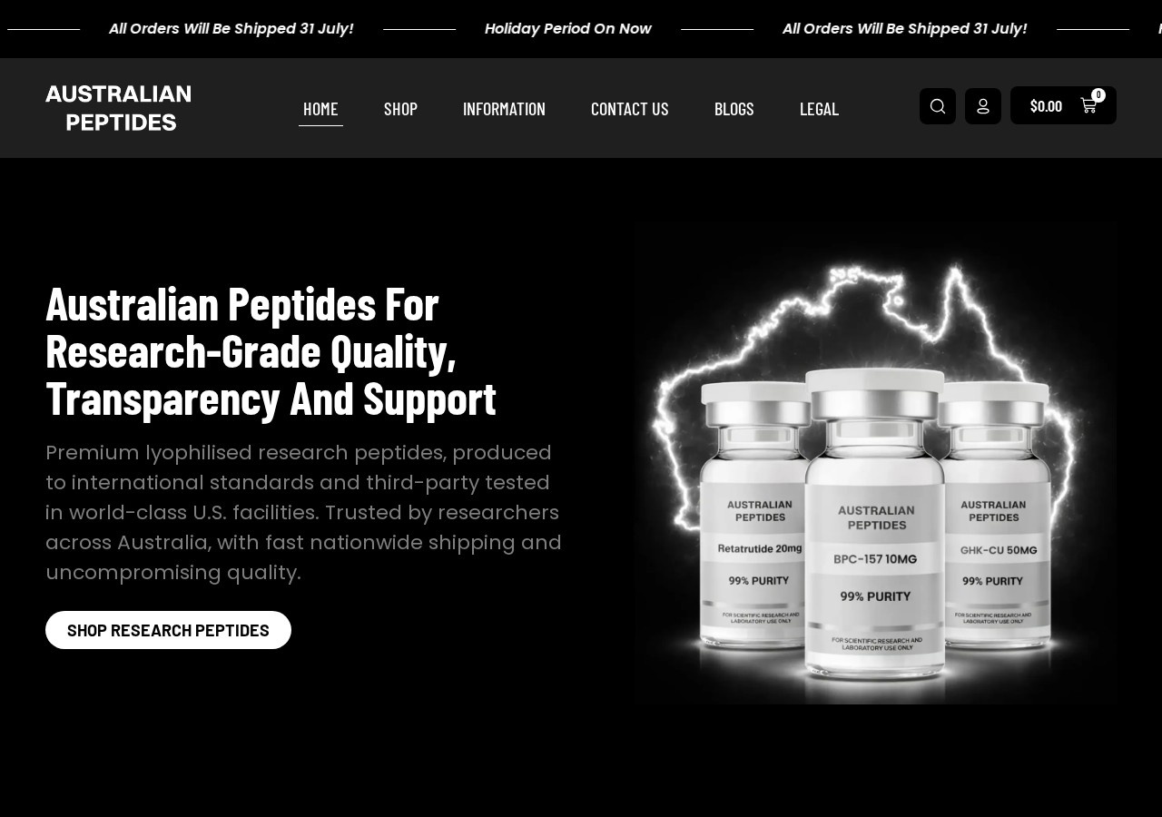 Homepage screenshot of the Australian Peptides research-peptide website (Australia).