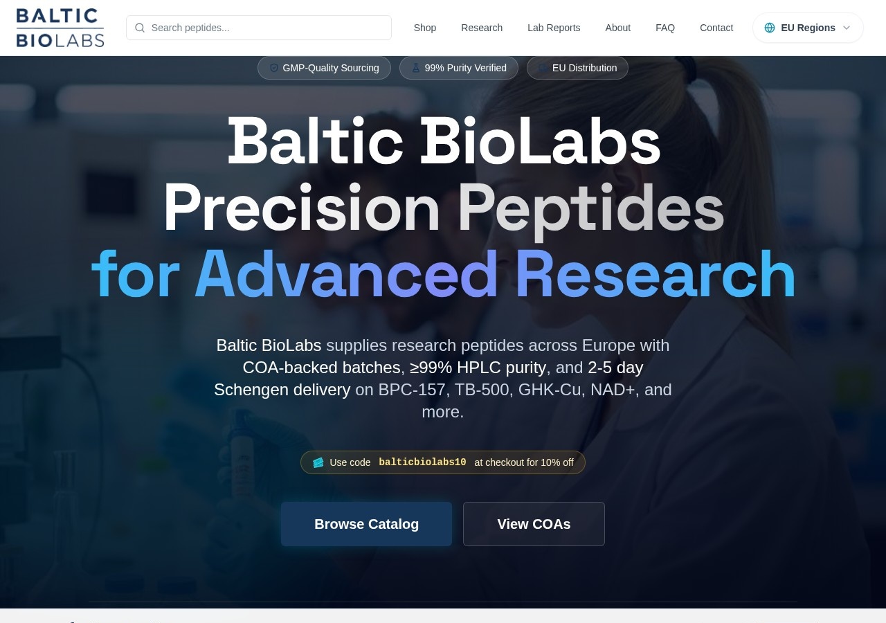 Homepage screenshot of the Baltic BioLabs research-peptide website (EU (Lithuania, Vilnius)).