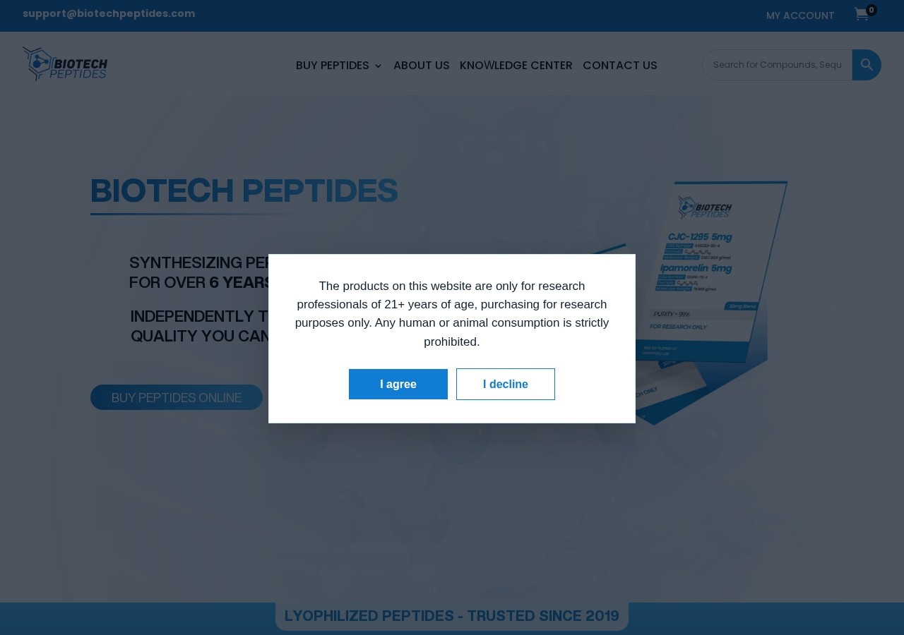 Homepage screenshot of the Biotech Peptides research-peptide website (USA (San Diego, California)).