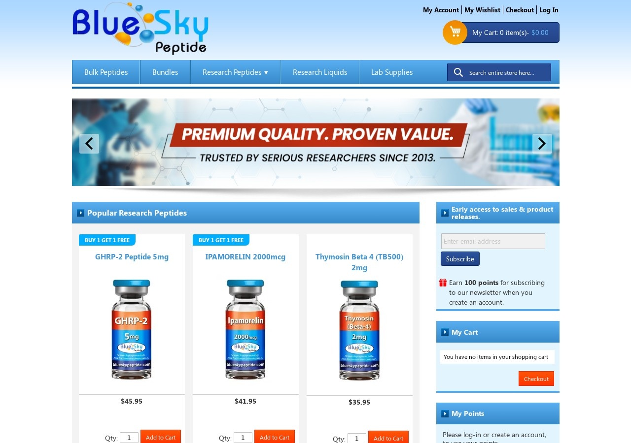 Homepage screenshot of the Blue Sky Peptide research-peptide website (USA).