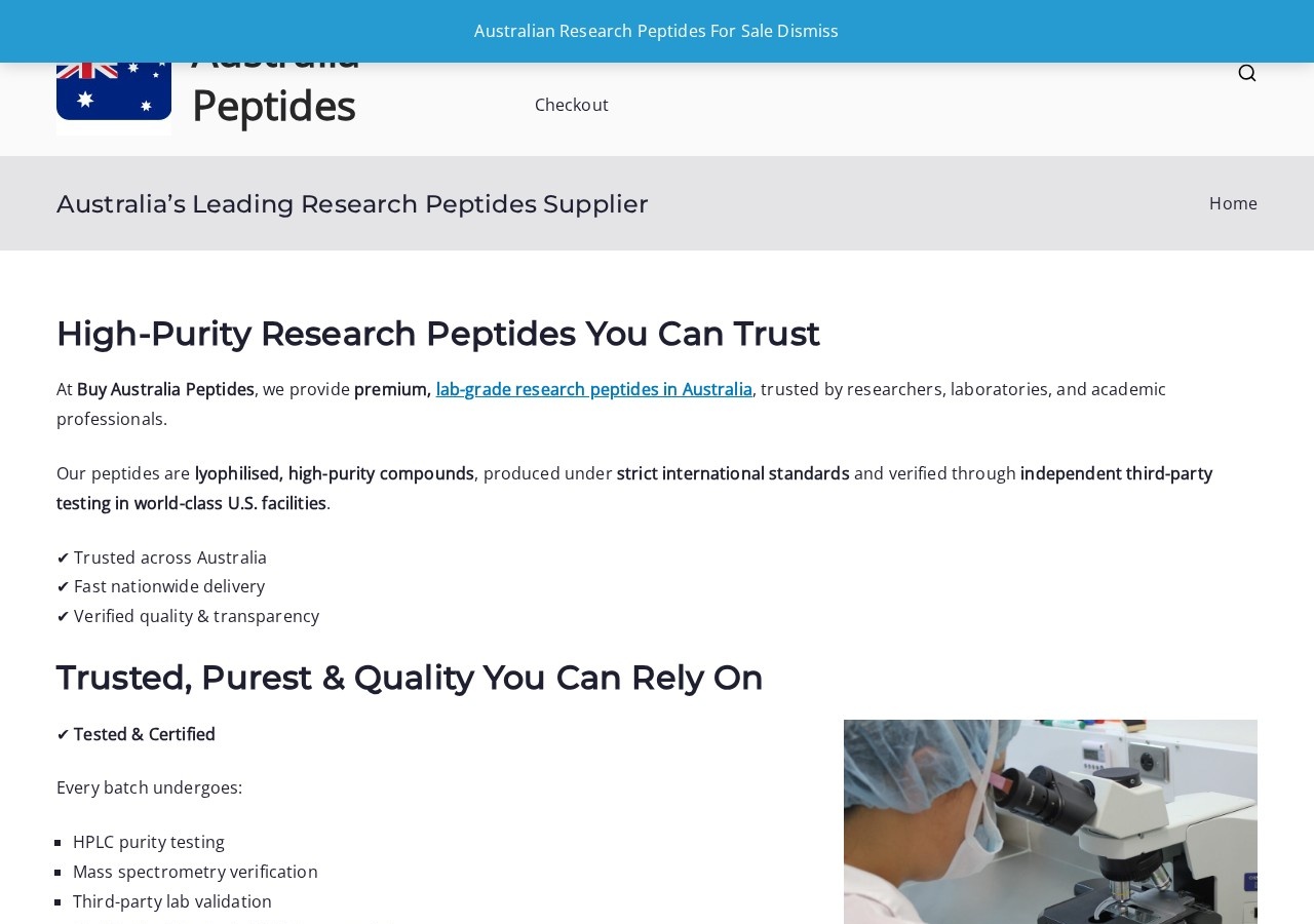 Homepage screenshot of the Buy Australia Peptides research-peptide website (Australia).