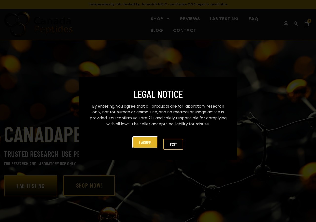 Homepage screenshot of the CanadaPep research-peptide website (Canada (GTA, Ontario)).