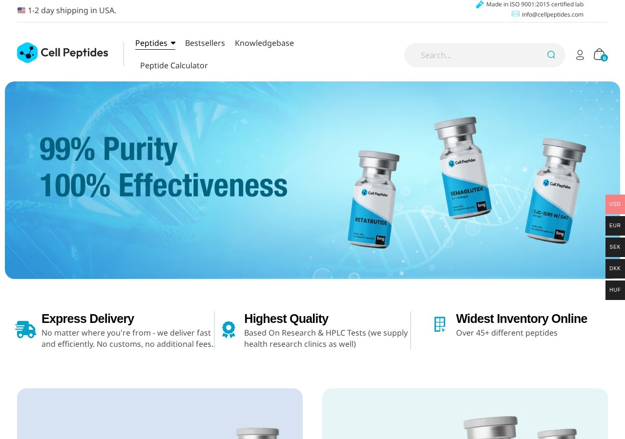 Homepage screenshot of the CellPeptides research-peptide website (EU (Danish-facing storefront)).