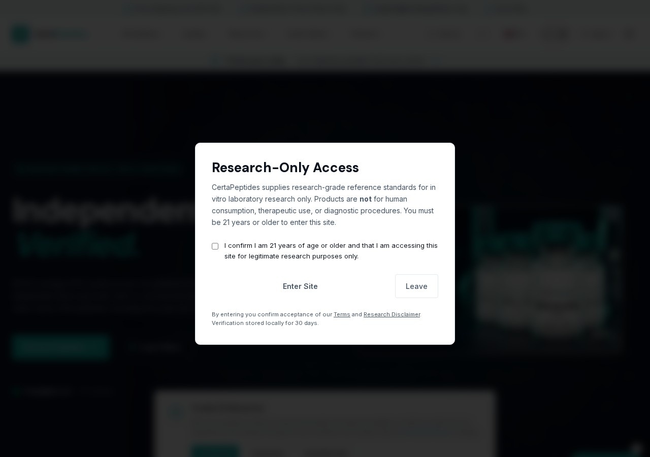 Homepage screenshot of the CertaPeptides research-peptide website (EU (Romania, Bucharest)).