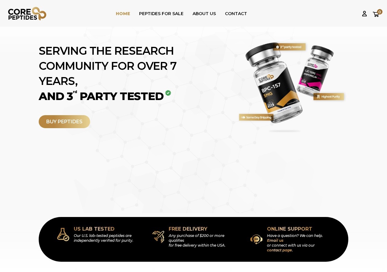 Homepage screenshot of the Core Peptides research-peptide website (USA).