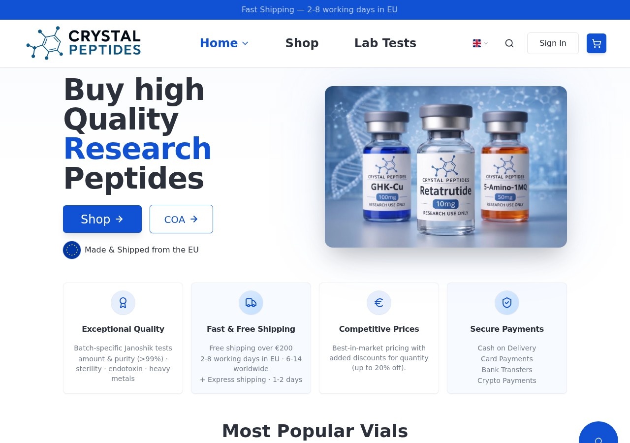Homepage screenshot of the Crystal Peptides research-peptide website (EU (Bulgaria, Sofia)).