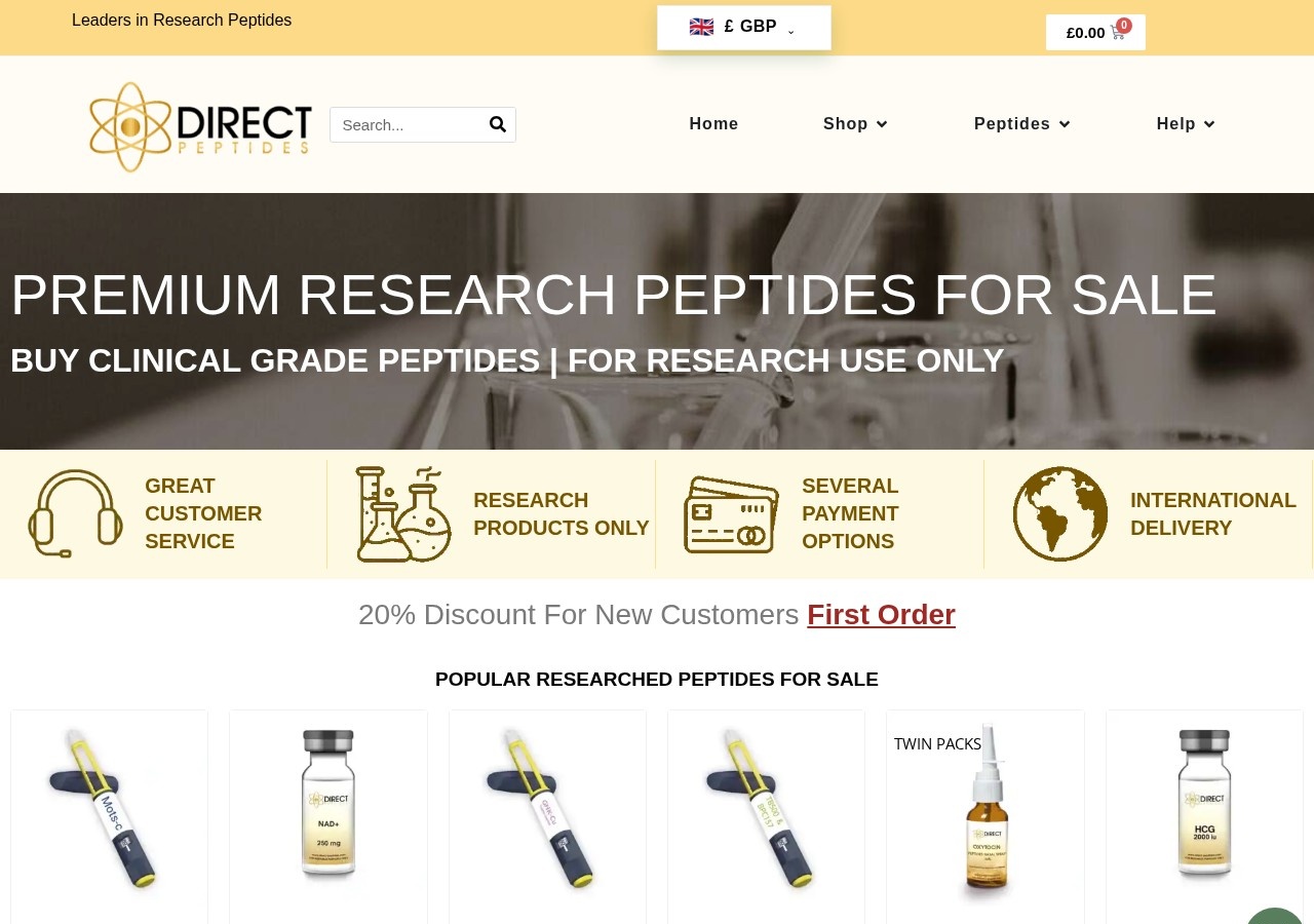 Homepage screenshot of the Direct Peptides research-peptide website (UK (regional EU subdomains)).