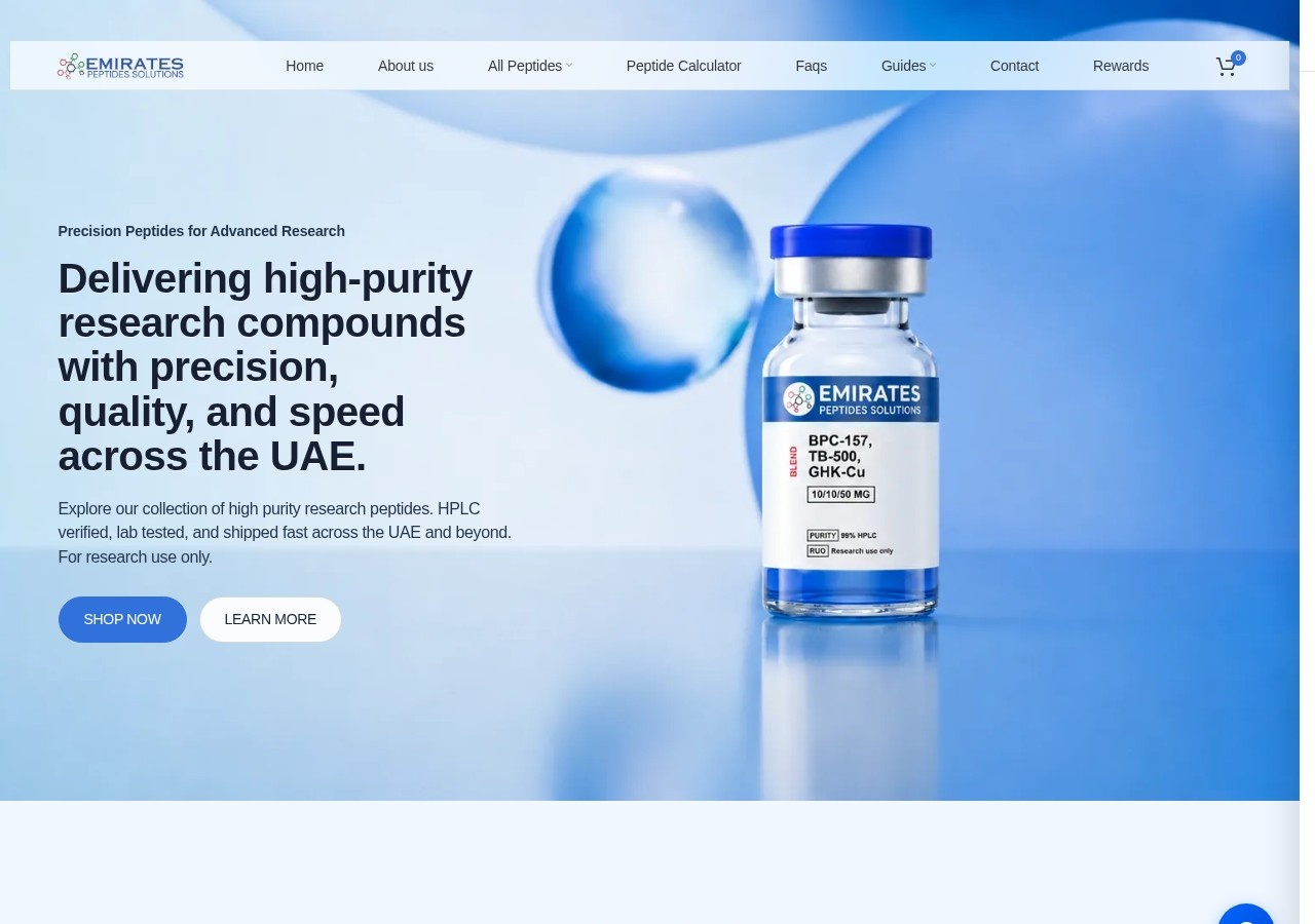 Homepage screenshot of the Emirates Peptides research-peptide website (United Arab Emirates (Ajman FZE; dispatches from Dubai)).