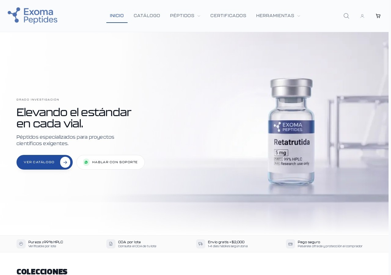 Homepage screenshot of the EXOMA Peptides research-peptide website (Mexico).