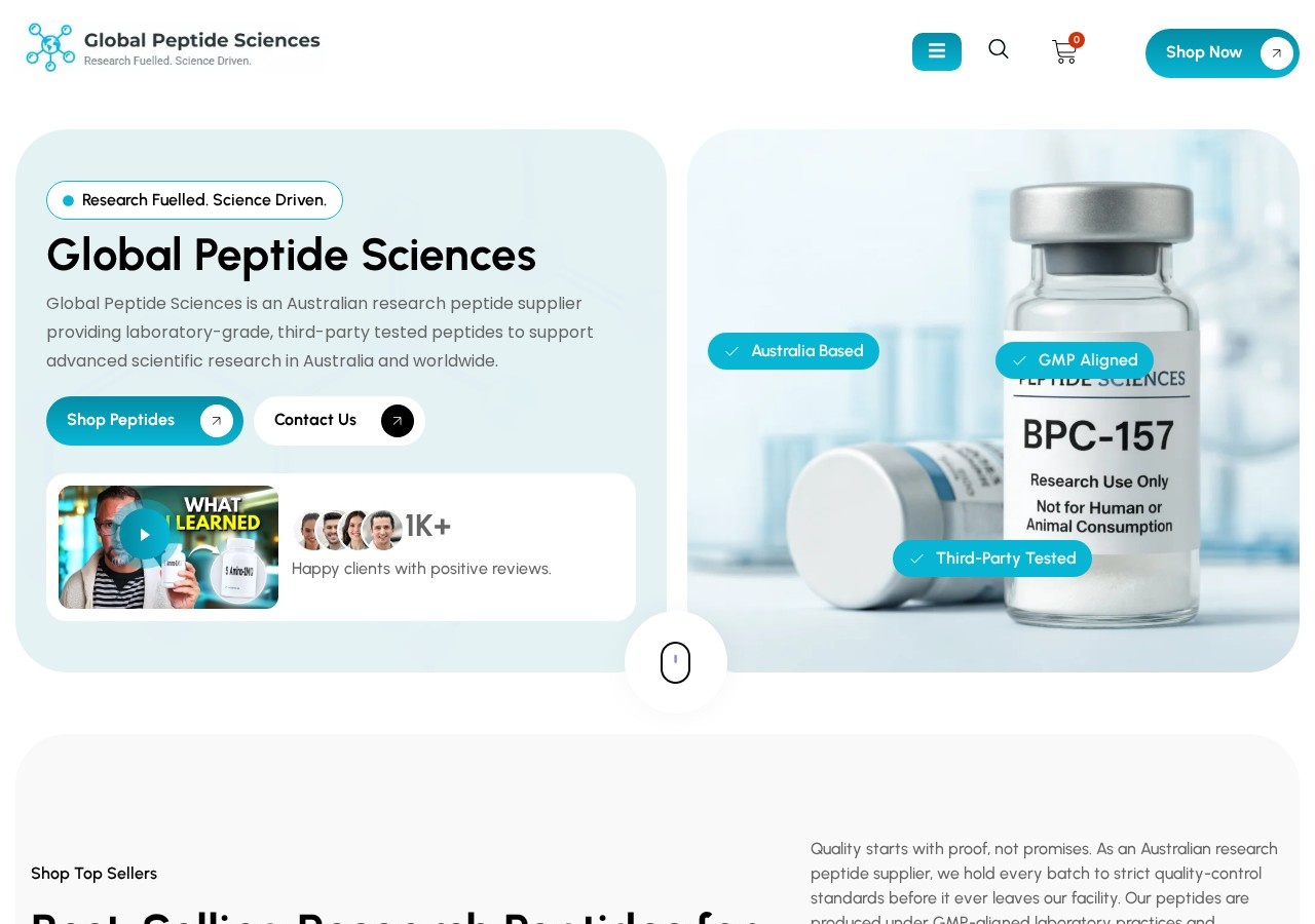 Homepage screenshot of the Global Peptide Sciences research-peptide website (Australia (Western Australia)).