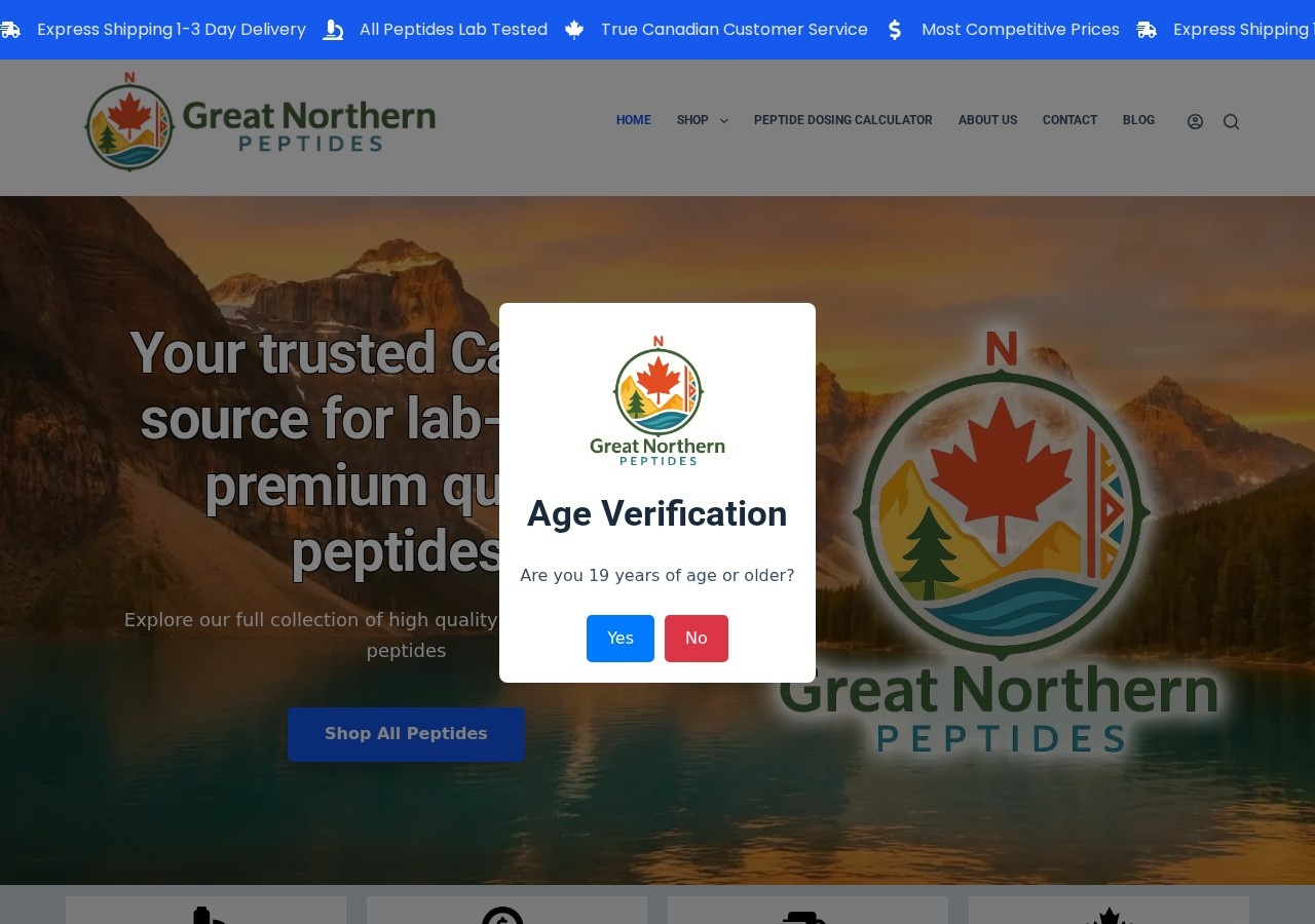 Homepage screenshot of the Great Northern Peptides research-peptide website (Canada).