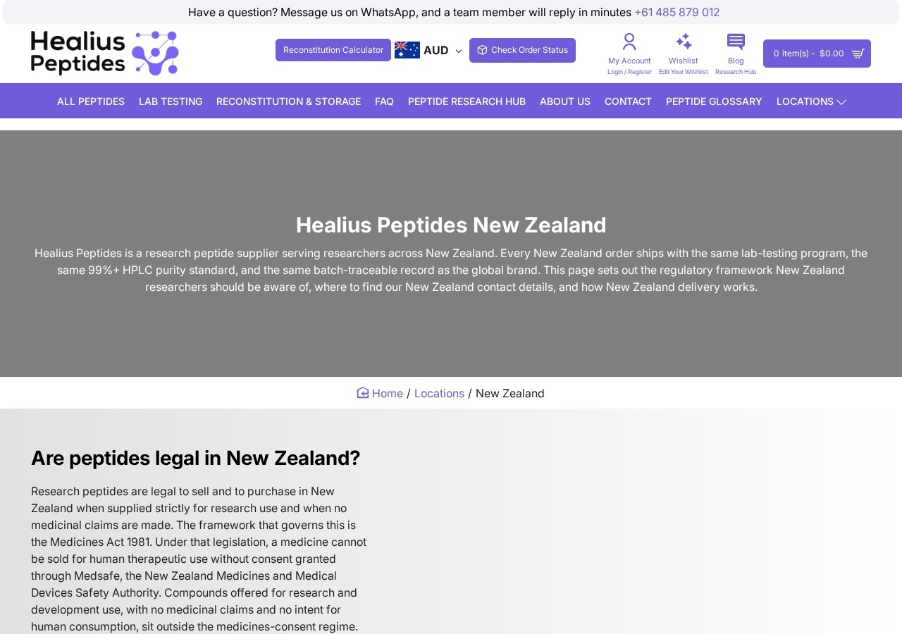 Homepage screenshot of the Healius Peptides research-peptide website (International (global brand with a listed Auckland facility)).