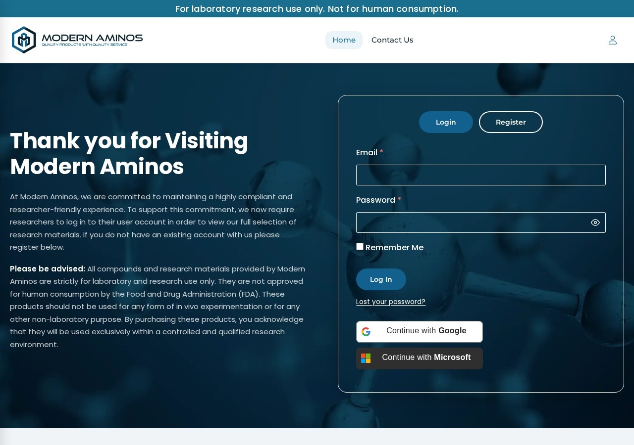 Homepage screenshot of the Modern Aminos research-peptide website (USA).